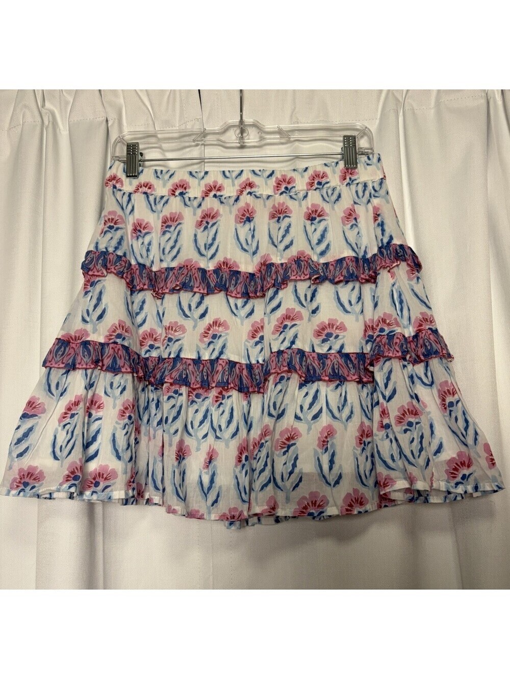 Oliphant Tiered Blue Pink & White Ruffle Floral Cotton Mini Skirt Medium $148